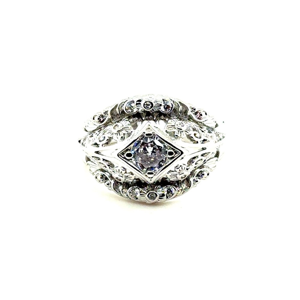 Vintage Style Silver Filigree Floral Statement Ring Sizeâ 7 Clear Stone